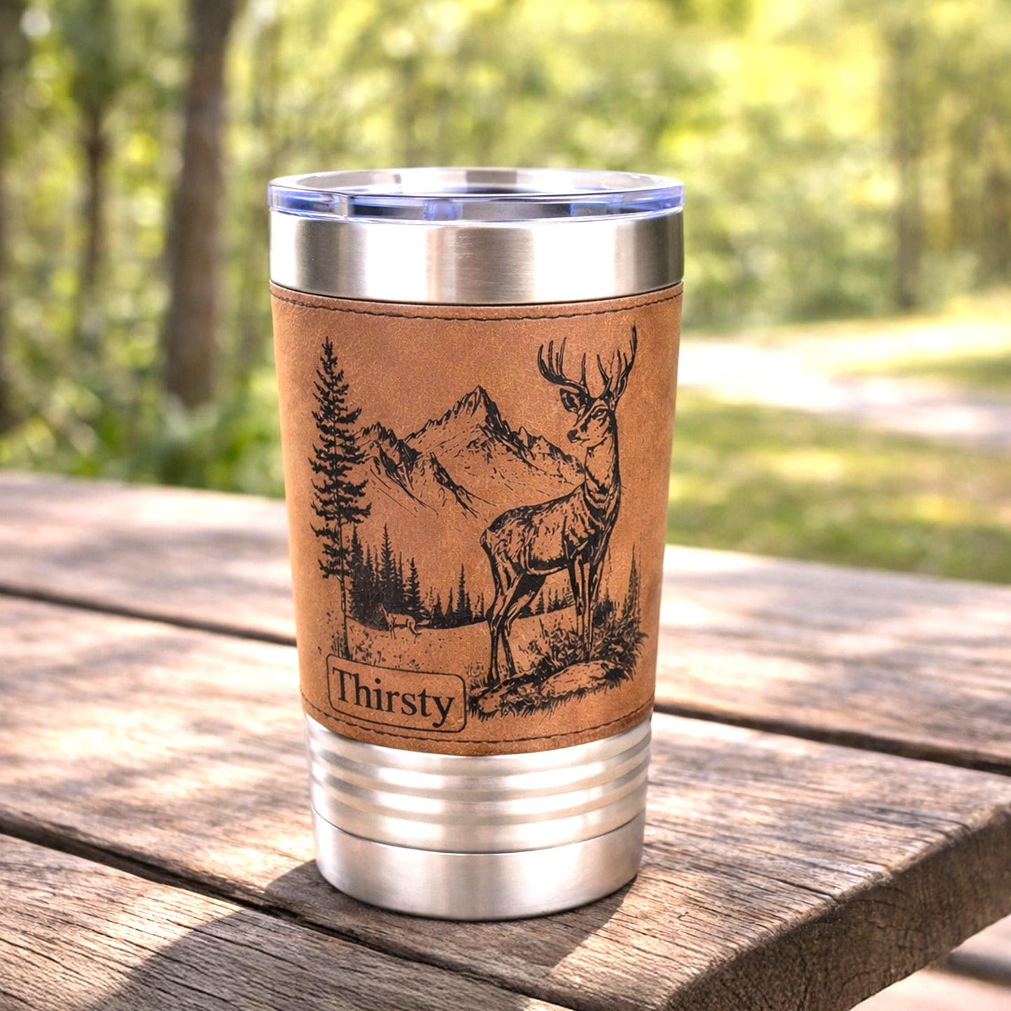 Personalized deer hunting tumbler, engraved deer hunting, Polar Camel, faux leather travel mug, outdoors coffee mug, family hunting gift