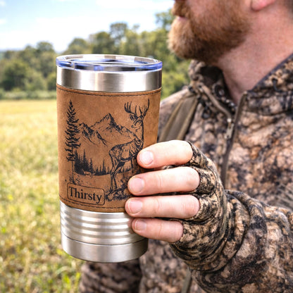 Personalized deer hunting tumbler, engraved deer hunting, Polar Camel, faux leather travel mug, outdoors coffee mug, family hunting gift
