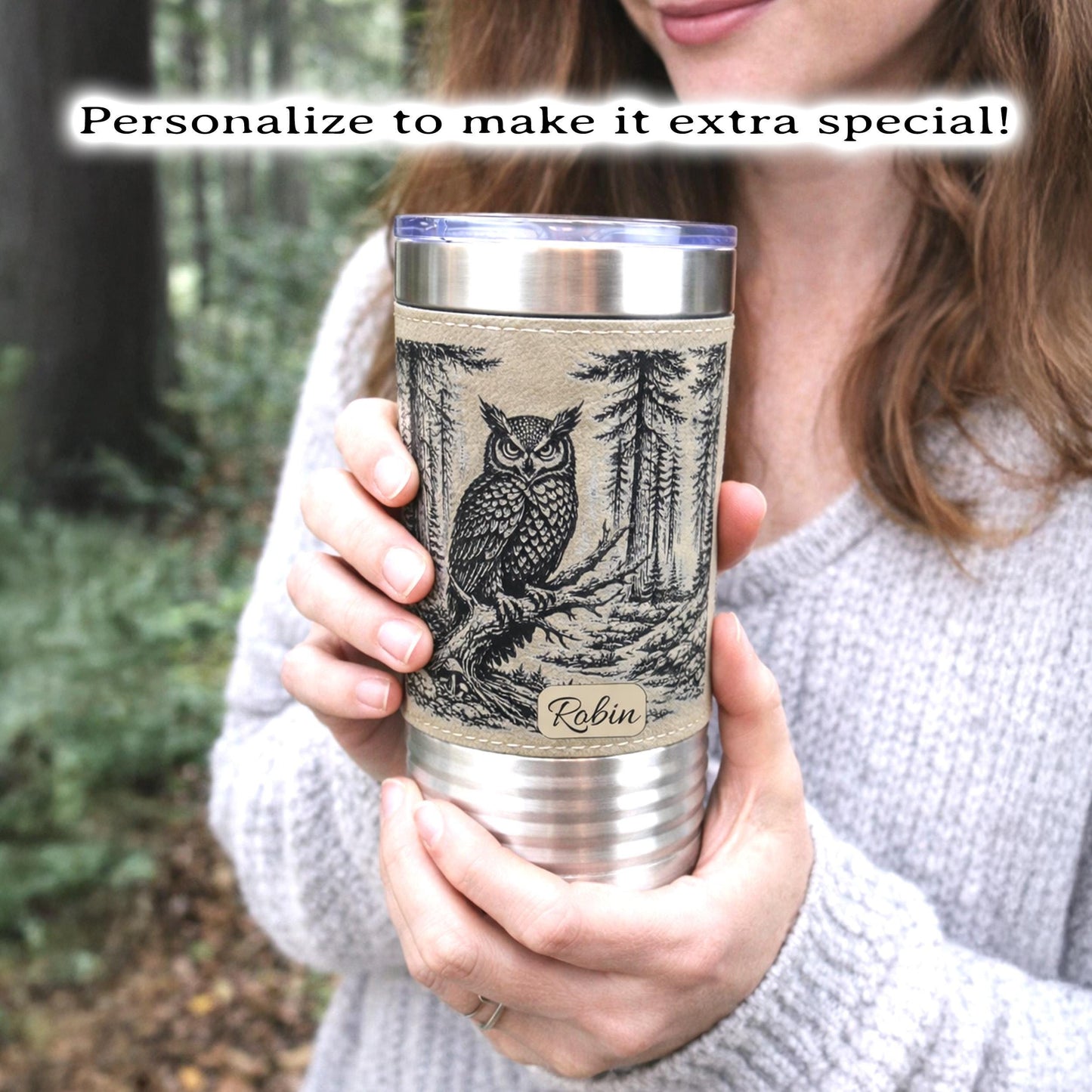 Owl Lover Engraved Travel Tumbler – 20 oz. Personalized Leatherette Wrap