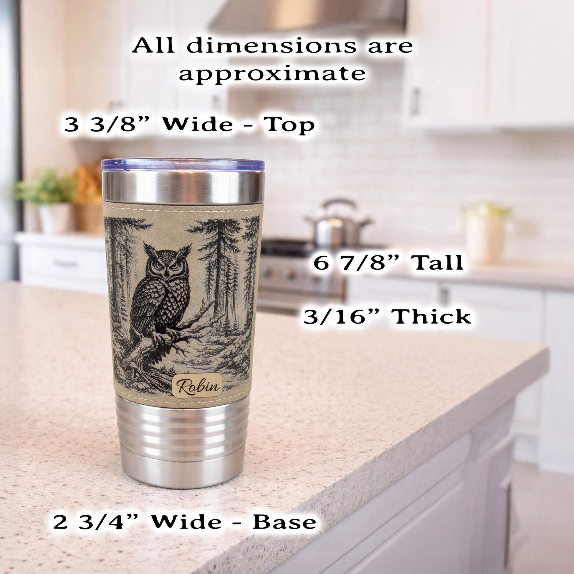 Owl Lover Engraved Travel Tumbler – 20 oz. Personalized Leatherette Wrap