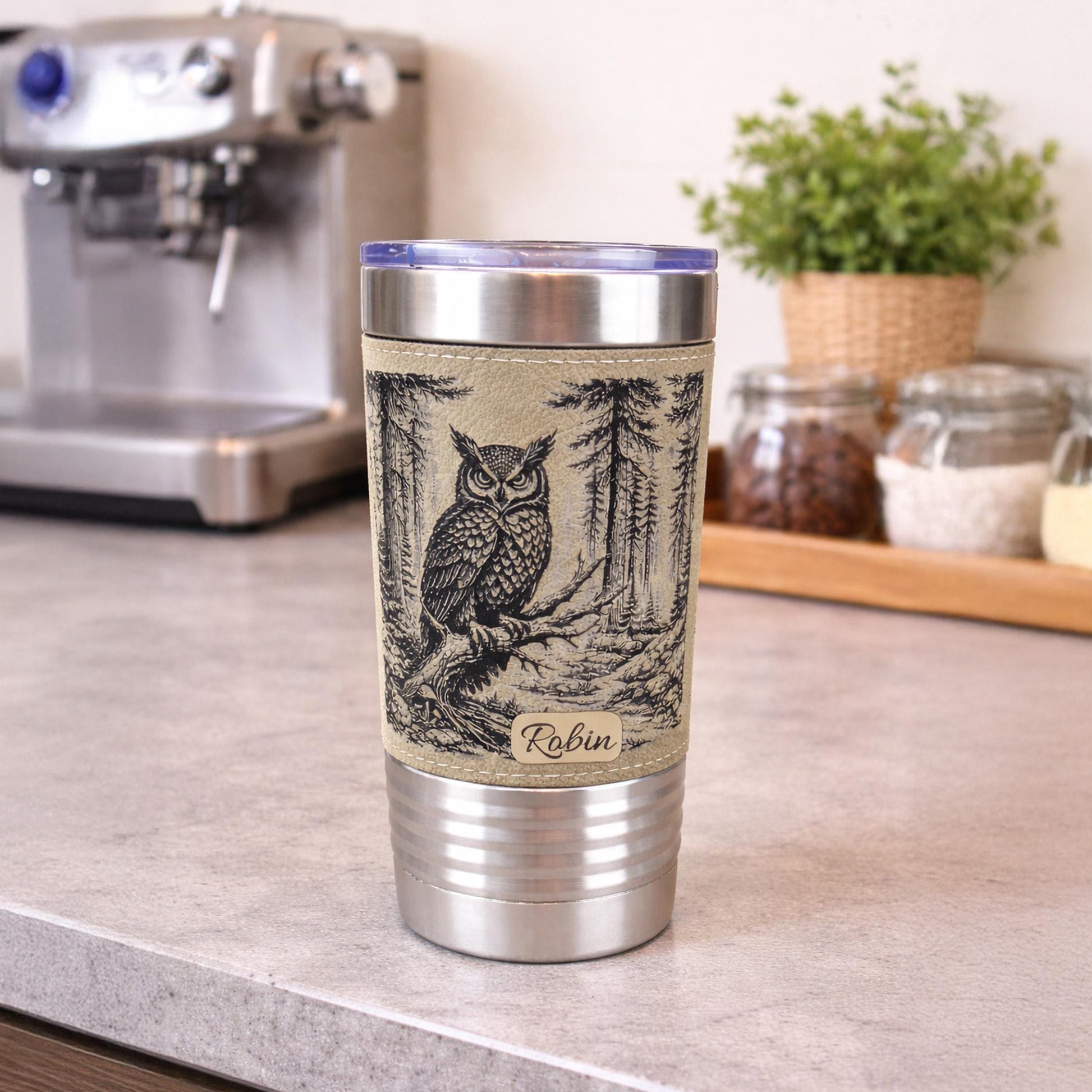 Owl Lover Engraved Travel Tumbler – 20 oz. Personalized Leatherette Wrap