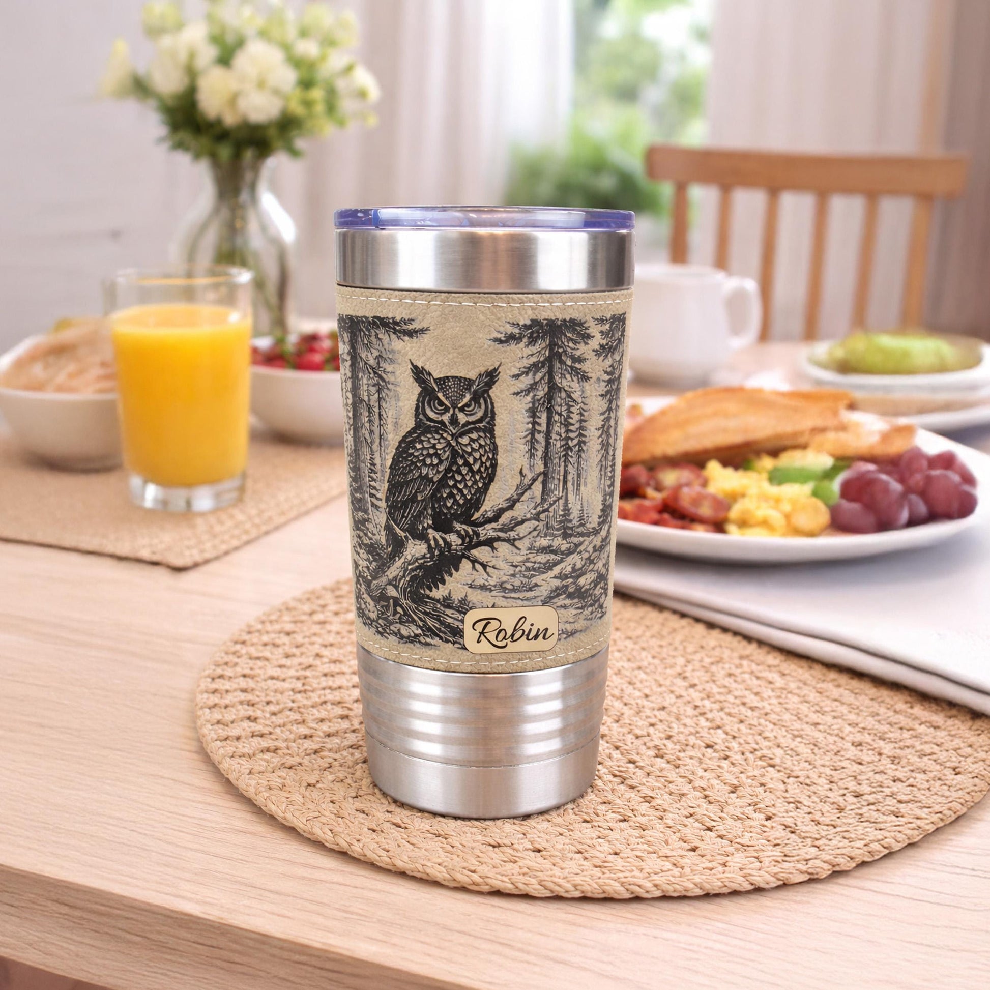 Owl Lover Engraved Travel Tumbler – 20 oz. Personalized Leatherette Wrap