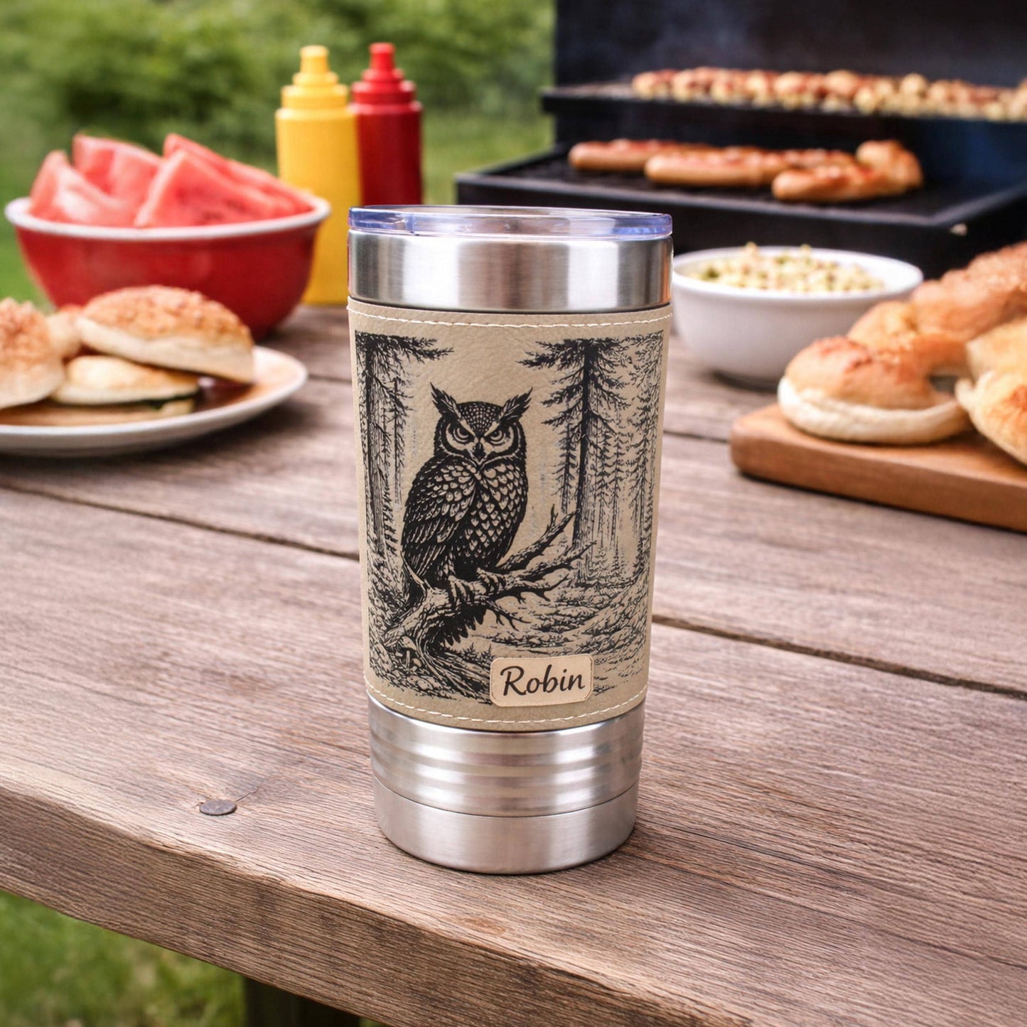 Owl Lover Engraved Travel Tumbler – 20 oz. Personalized Leatherette Wrap