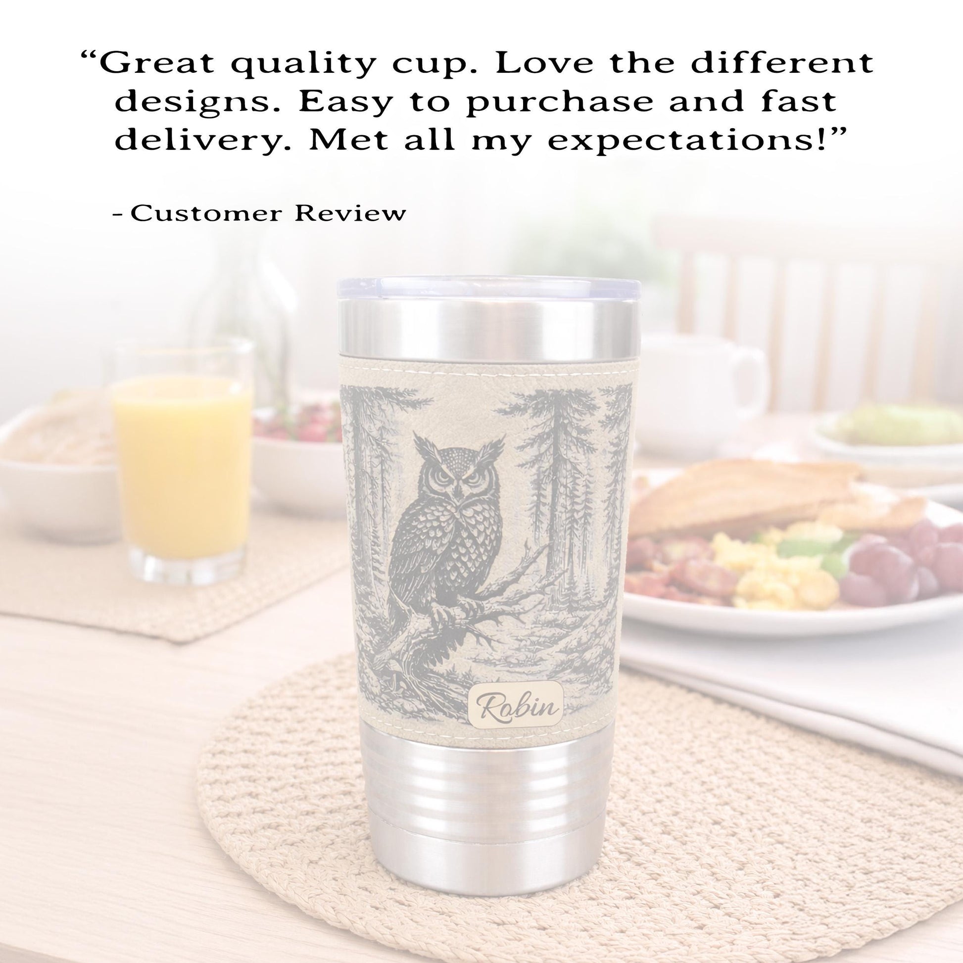 Owl Lover Engraved Travel Tumbler – 20 oz. Personalized Leatherette Wrap