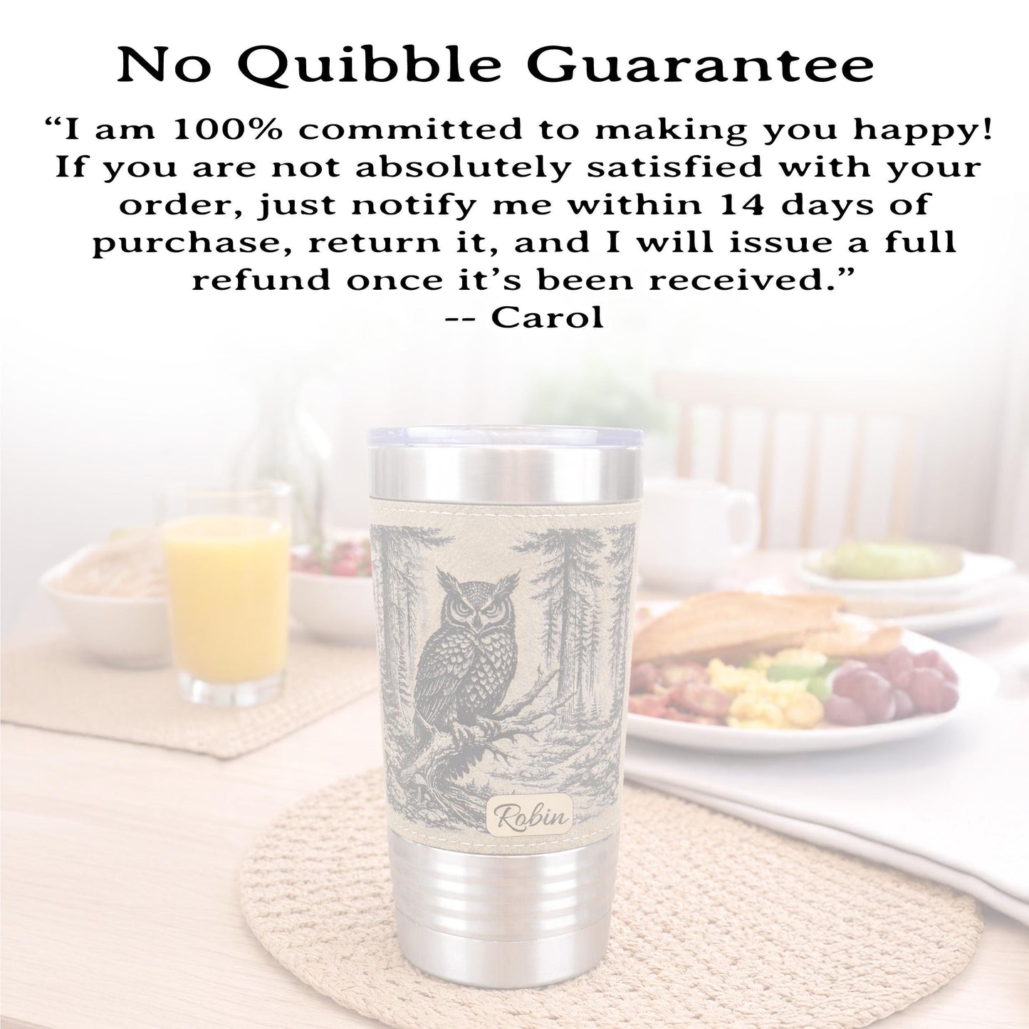 Owl Lover Engraved Travel Tumbler – 20 oz. Personalized Leatherette Wrap