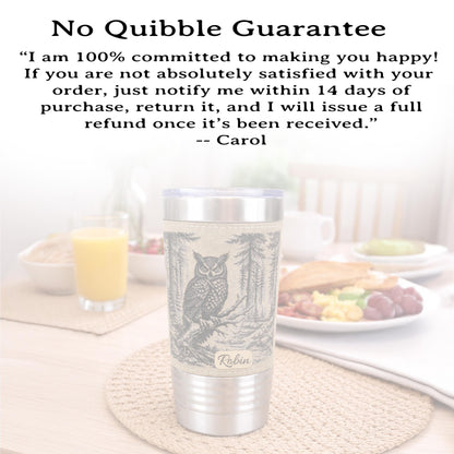 Owl Lover Engraved Travel Tumbler – 20 oz. Personalized Leatherette Wrap
