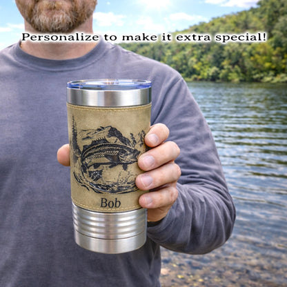 Engraved Mountain Lake Fishing Design Decorates this Wonderful Leather Wrapped Insulated Stainless Steel Coffee/Beverage Travel mug