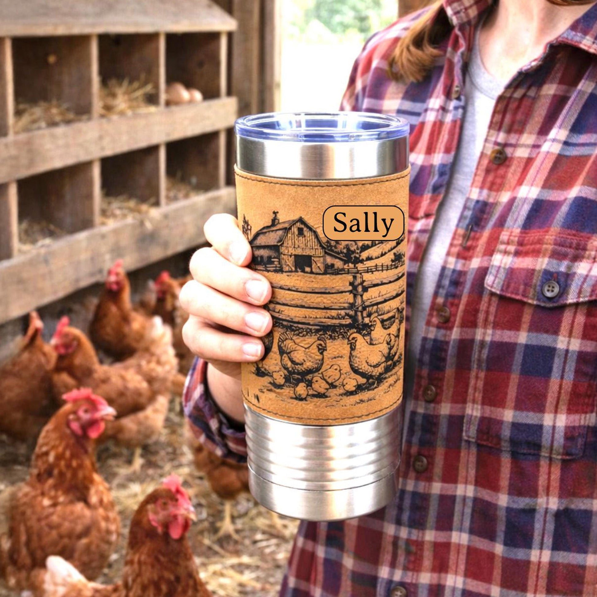 Farm Chickens Engraved 20 oz Travel Tumbler – Personalized Leatherette Wrap, Custom Name Coffee Mug, Perfect Chicken Lover Gift