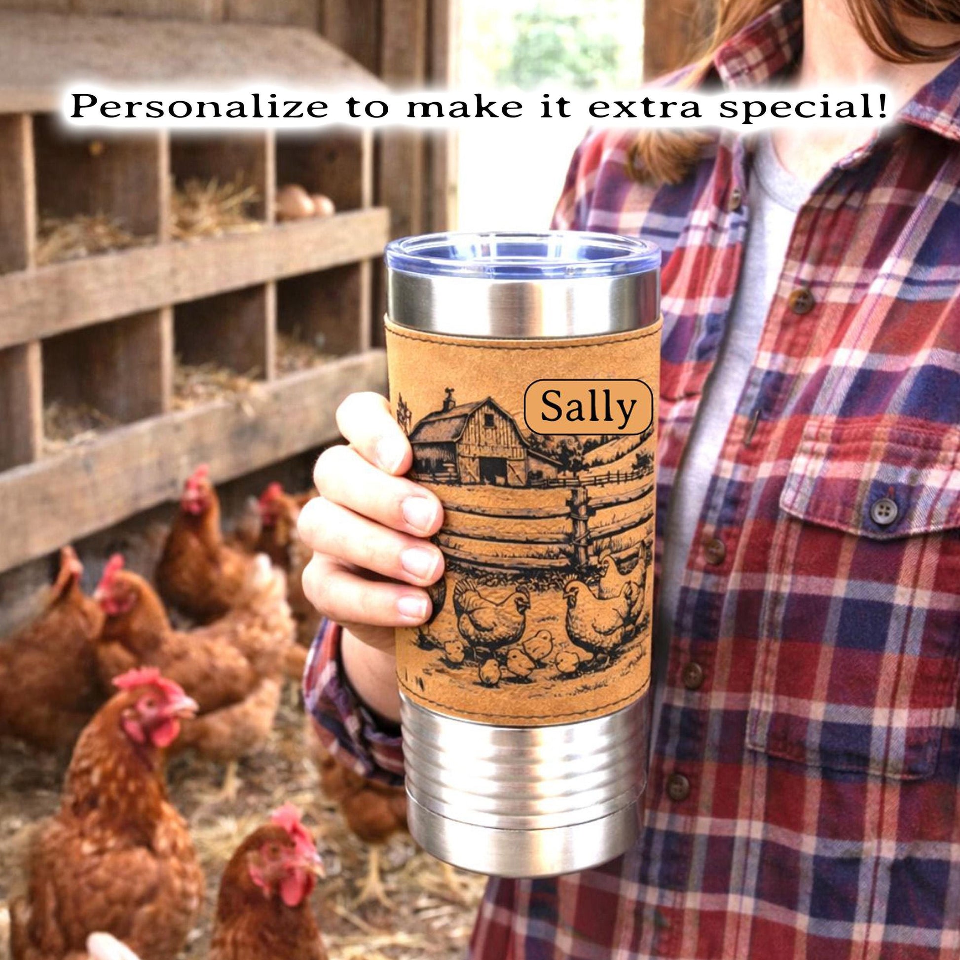 Farm Chickens Engraved 20 oz Travel Tumbler – Personalized Leatherette Wrap, Custom Name Coffee Mug, Perfect Chicken Lover Gift
