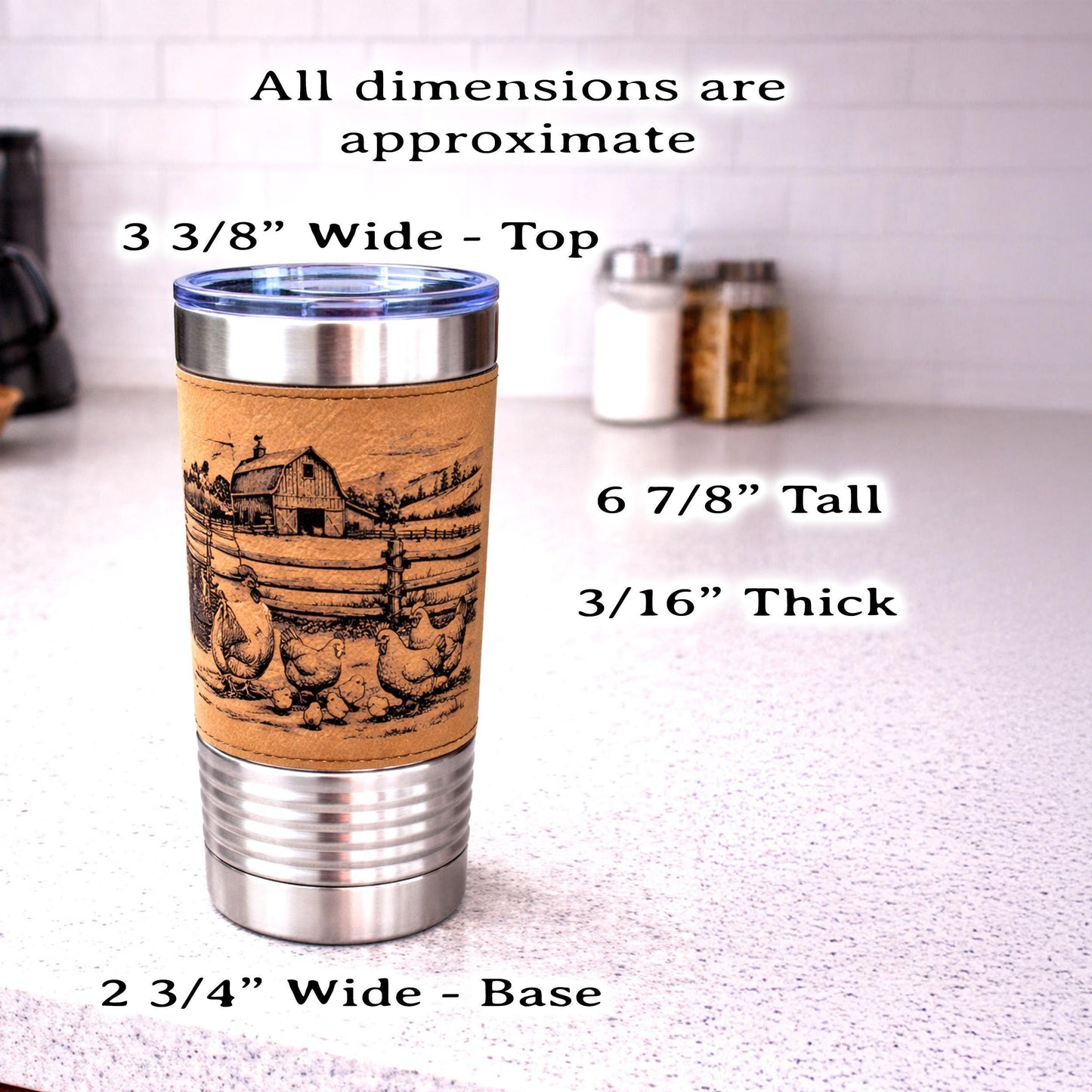 Farm Chickens Engraved 20 oz Travel Tumbler – Personalized Leatherette Wrap, Custom Name Coffee Mug, Perfect Chicken Lover Gift