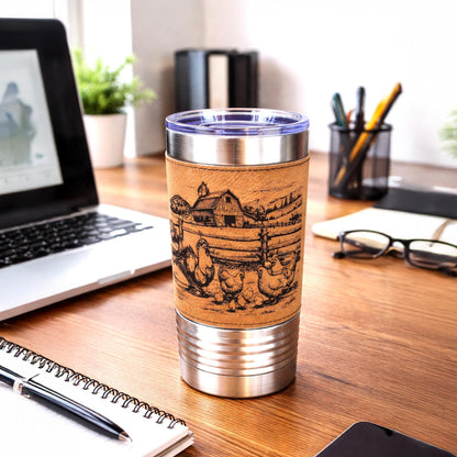 Farm Chickens Engraved 20 oz Travel Tumbler – Personalized Leatherette Wrap, Custom Name Coffee Mug, Perfect Chicken Lover Gift