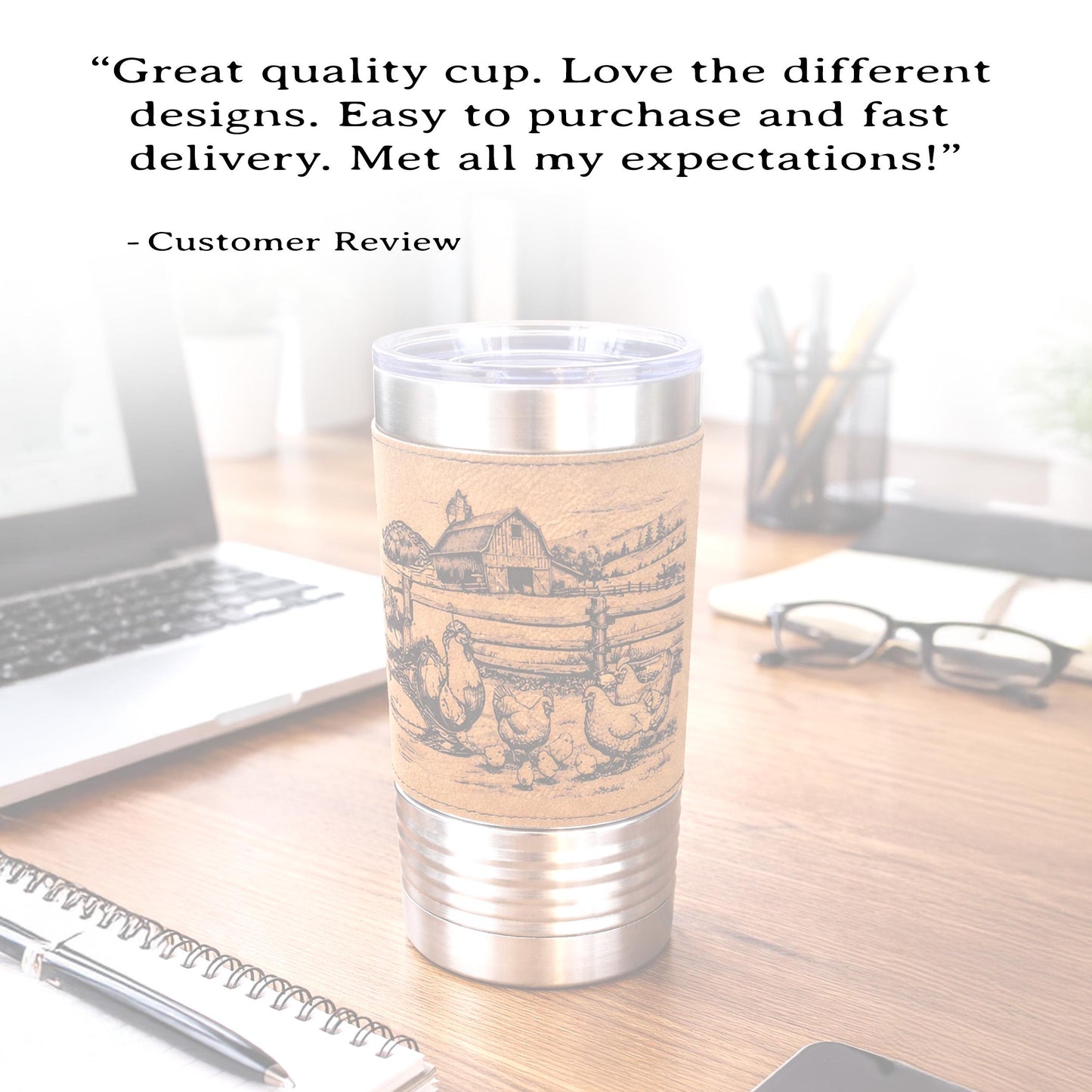 Farm Chickens Engraved 20 oz Travel Tumbler – Personalized Leatherette Wrap, Custom Name Coffee Mug, Perfect Chicken Lover Gift