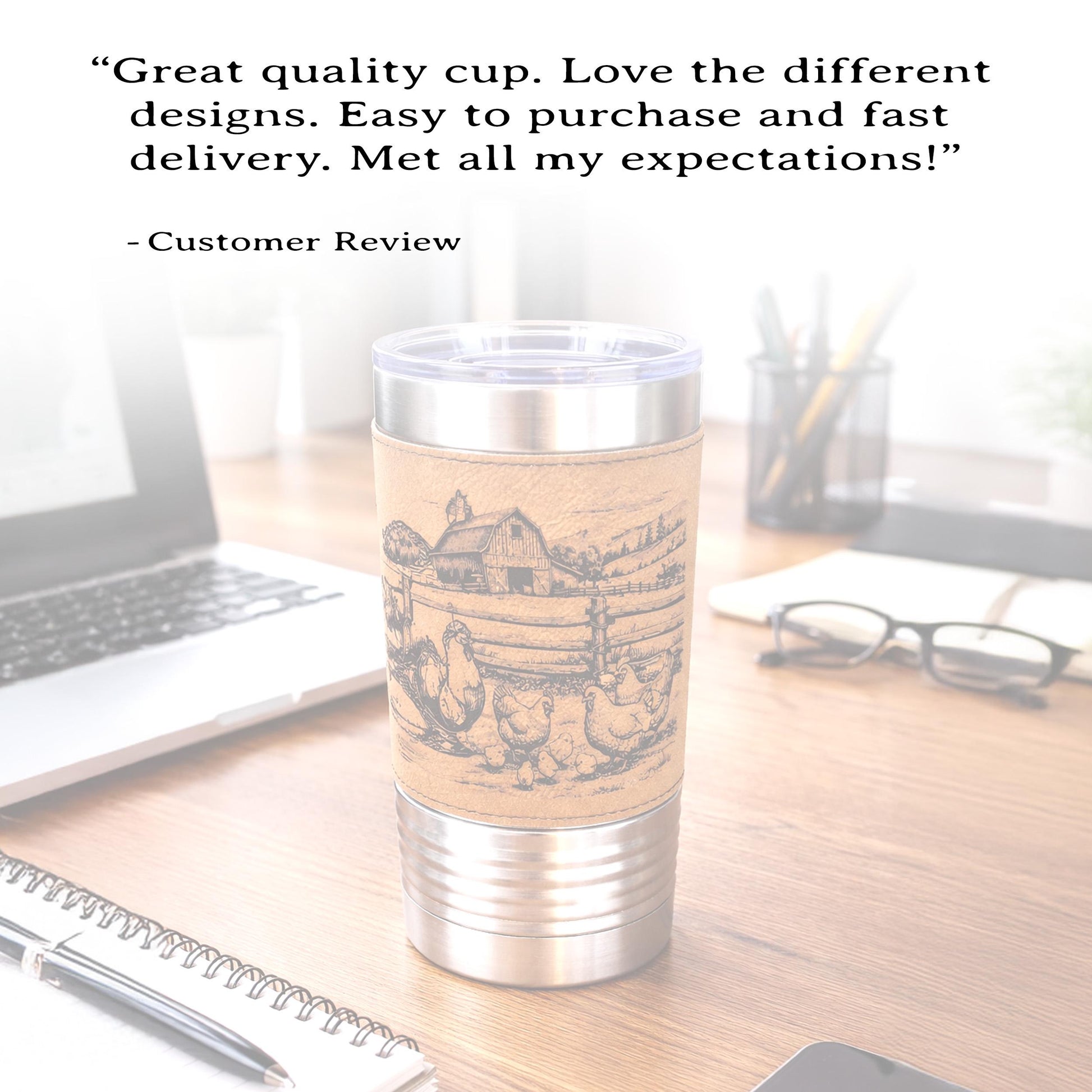 Farm Chickens Engraved 20 oz Travel Tumbler – Personalized Leatherette Wrap, Custom Name Coffee Mug, Perfect Chicken Lover Gift