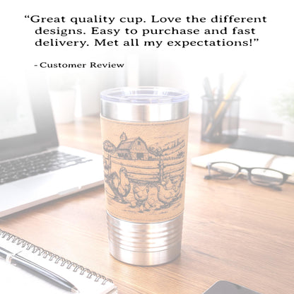 Farm Chickens Engraved 20 oz Travel Tumbler – Personalized Leatherette Wrap, Custom Name Coffee Mug, Perfect Chicken Lover Gift