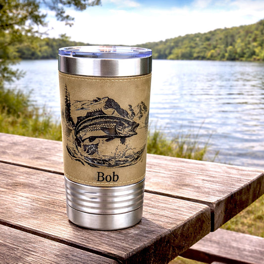 Personalized fishing tumbler, engraved fishing gift, Faux Leather Polar Camel, insulated travel mug, outdoors coffee mug, leatherette cup