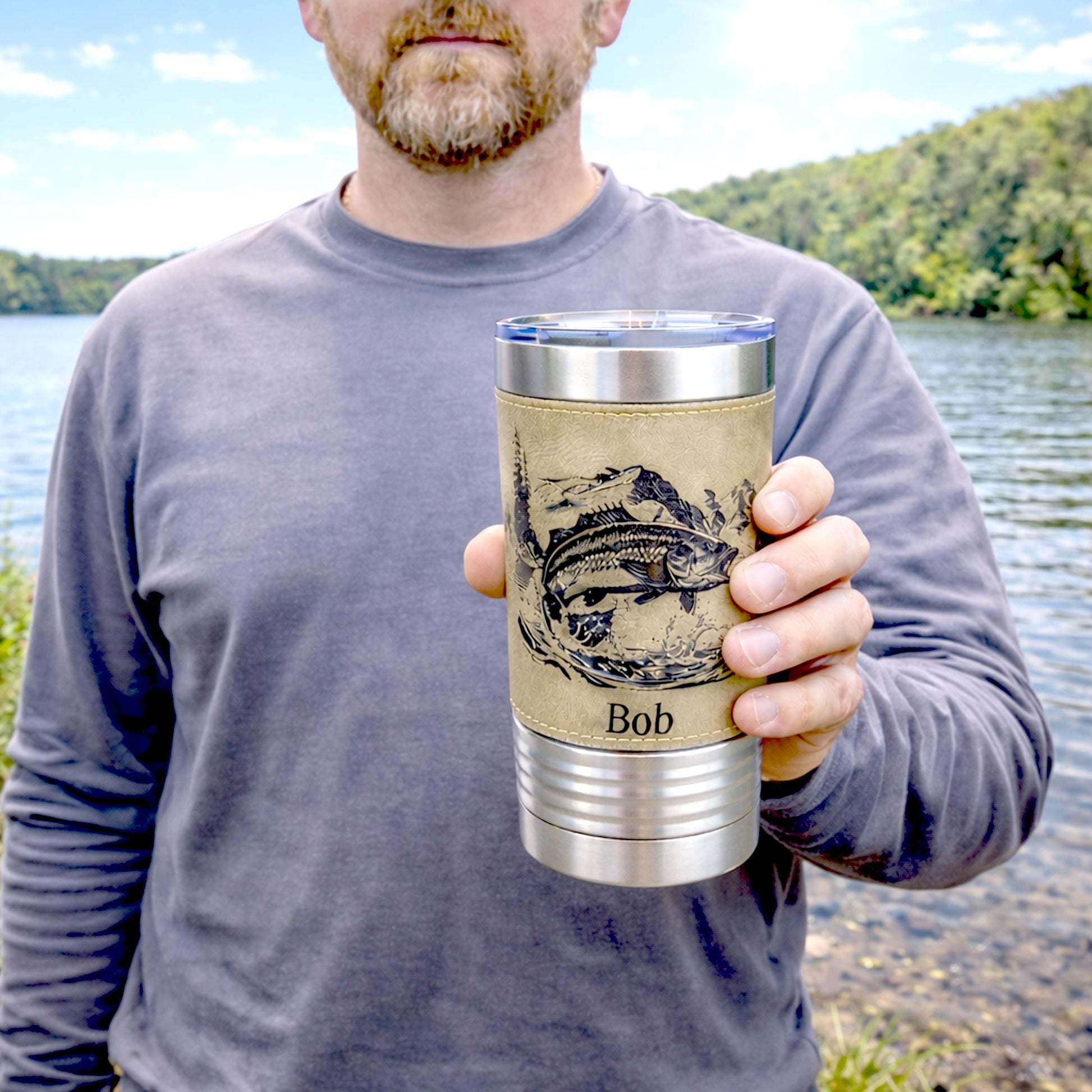 Personalized fishing tumbler, engraved fishing gift, Faux Leather Polar Camel, insulated travel mug, outdoors coffee mug, leatherette cup