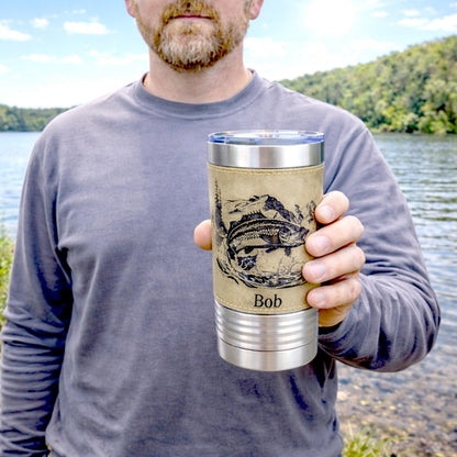 Personalized fishing tumbler, engraved fishing gift, Faux Leather Polar Camel, insulated travel mug, outdoors coffee mug, leatherette cup