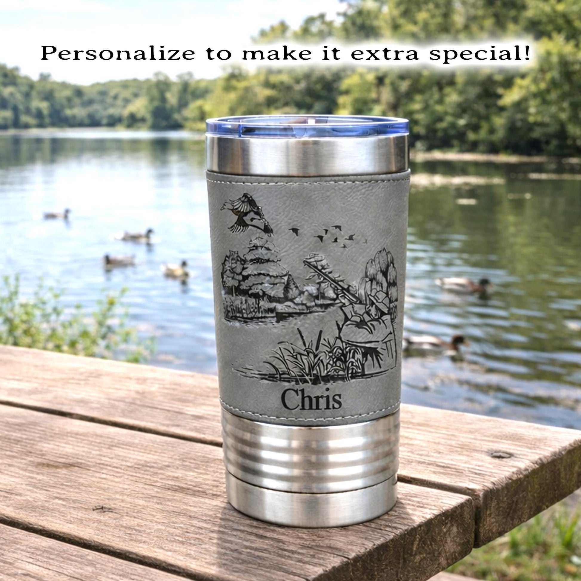 Personalized engraved duck hunting gift, best hunting gift, Polar Camel leather travel mug, outdoor tumbler, Duck hunting art, Insulated