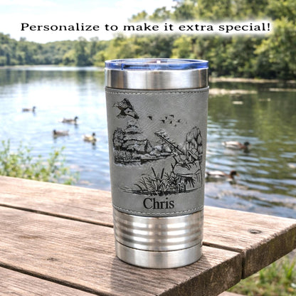 Personalized engraved duck hunting gift, best hunting gift, Polar Camel leather travel mug, outdoor tumbler, Duck hunting art, Insulated