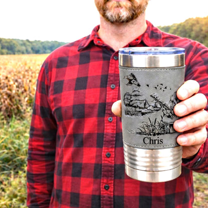Duck Hunting Gifts for Men, Leather wrapped travel mug, Duck Hunting tumbler, Perfect Duck Hunter Gift for Birthday, Duck Hunting Art