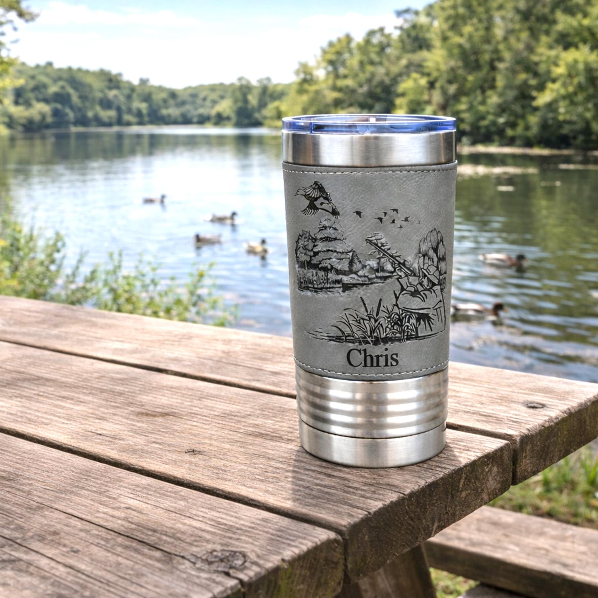 Duck Hunting Gifts for Men, Leather wrapped travel mug, Duck Hunting tumbler, Perfect Duck Hunter Gift for Birthday, Duck Hunting Art