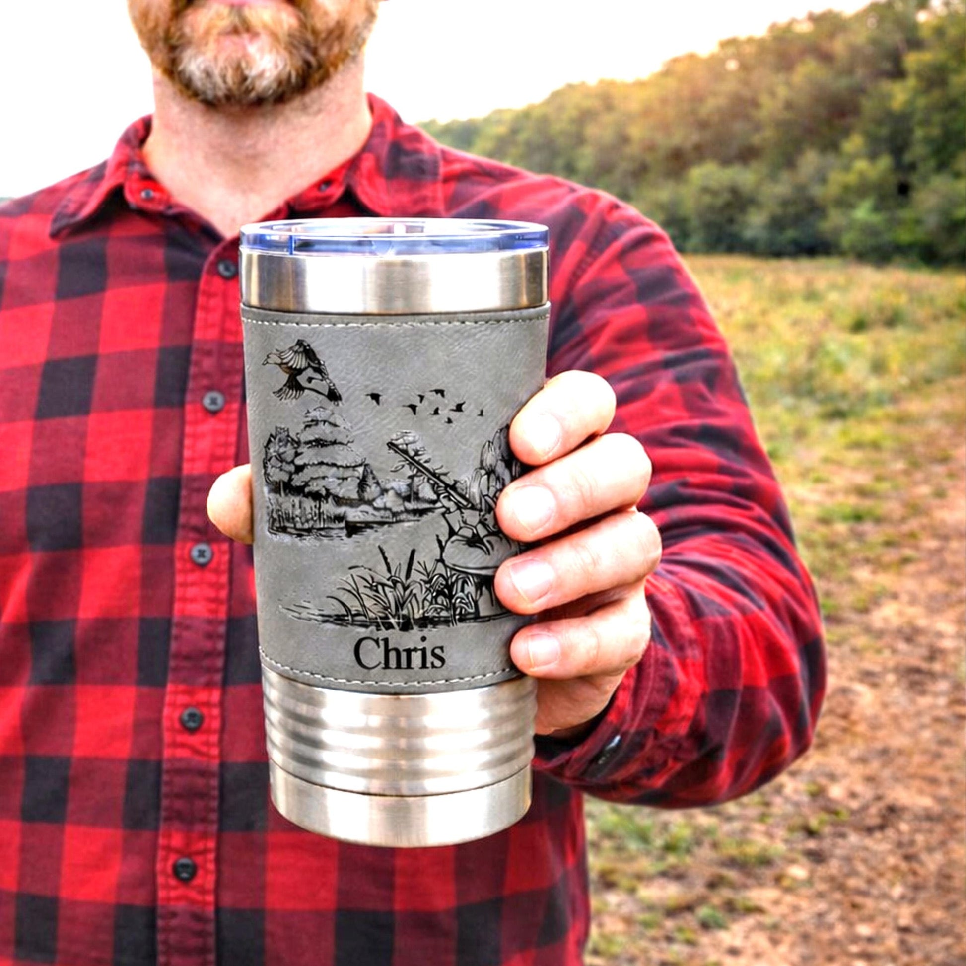 Duck Hunting Gifts for Men, Leather wrapped travel mug, Duck Hunting tumbler, Perfect Duck Hunter Gift for Birthday, Duck Hunting Art
