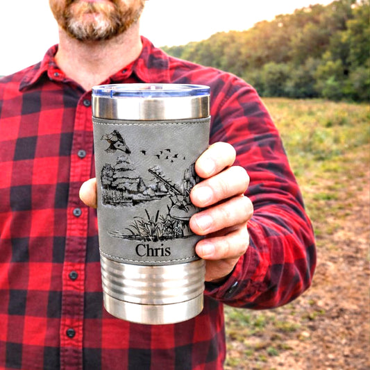 Duck Hunting Gifts for Men, Leather wrapped travel mug, Duck Hunting tumbler, Perfect Duck Hunter Gift for Birthday, Duck Hunting Art