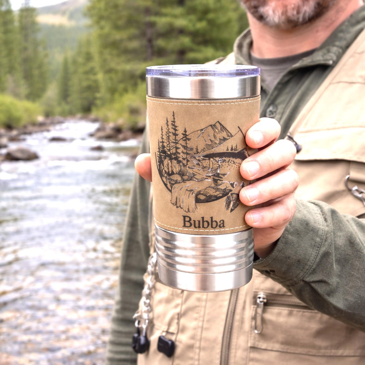 Fly Fishing Gifts, Leather wrapped travel mug, Fishing Coffee Mug, Perfect Fishing Gift for Birthday, Great Gift, Bass / Trout - 1 Tumbler