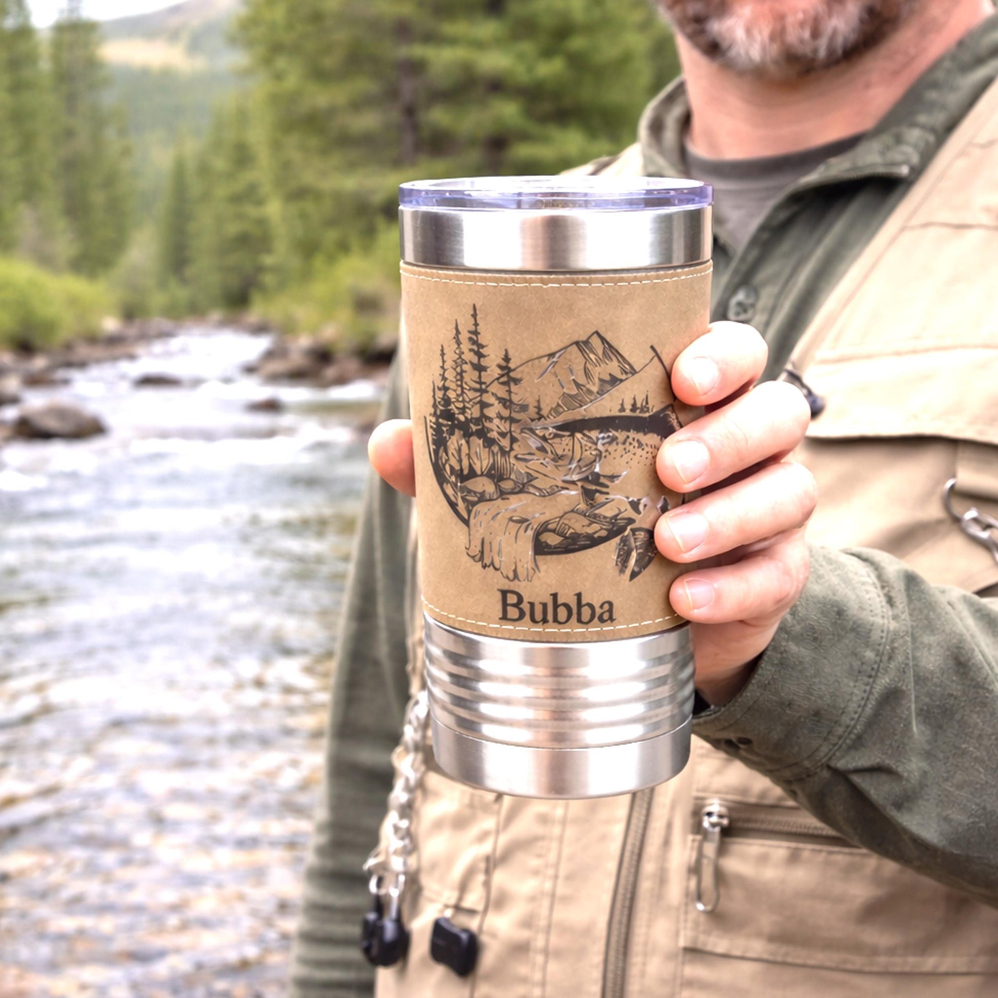 Fly Fishing Gifts, Leather wrapped travel mug, Fishing Coffee Mug, Perfect Fishing Gift for Birthday, Great Gift, Bass / Trout - 1 Tumbler