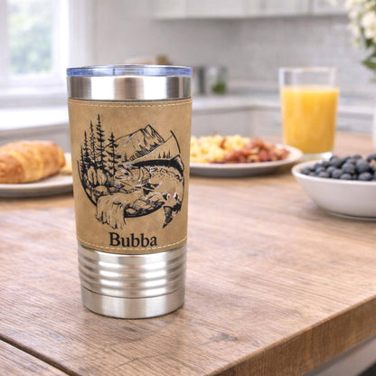 Engraved Mountain Fishing, Leather wrapped travel mug, Fishing Coffee Mug, Perfect Fishing Gift for Birthday, Great Gift - 1 Tumbler