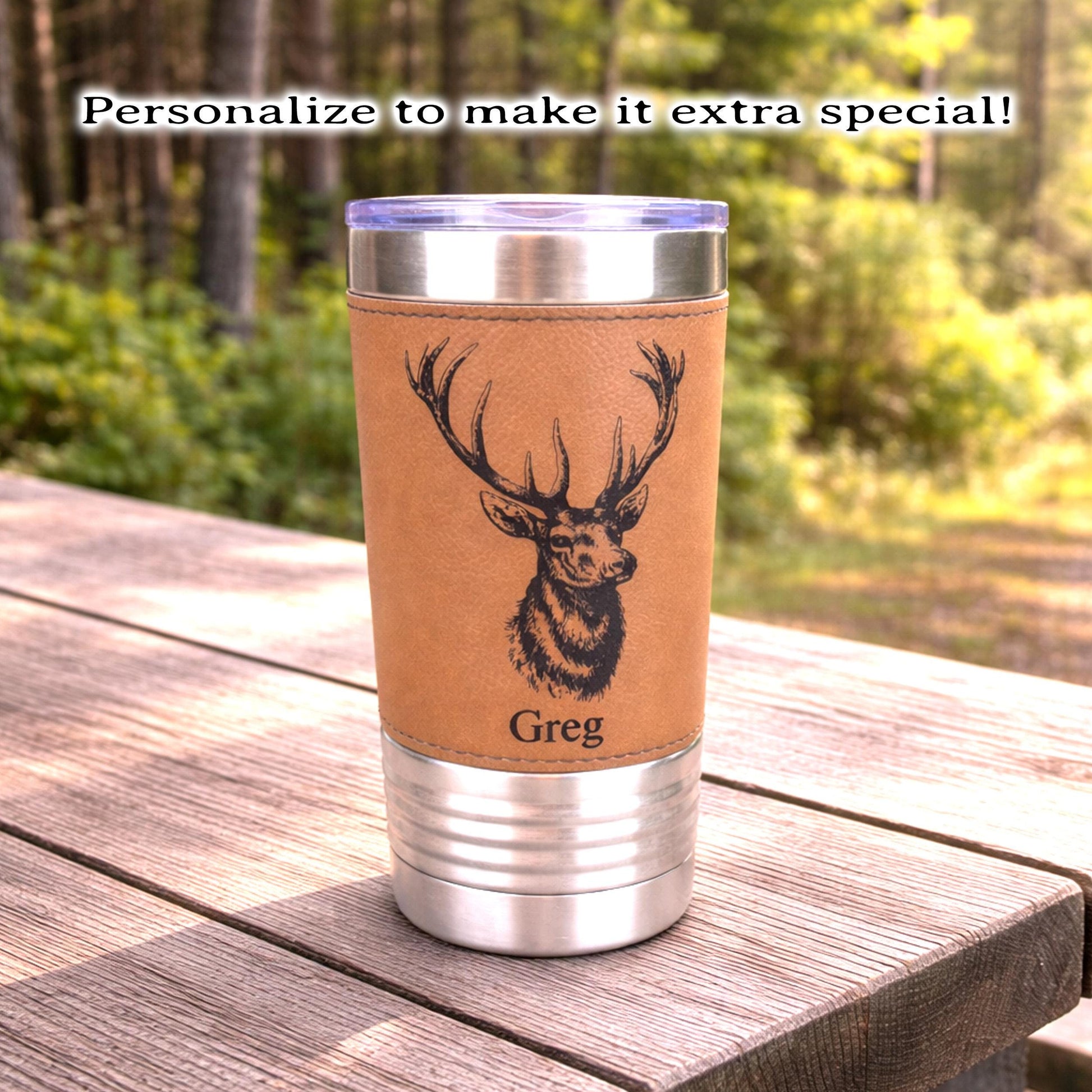 Personalized elk hunting tumbler, engraved elk hunting gift, mountain woodlands, Polar Camel, faux leather travel mug, outdoors coffee mug