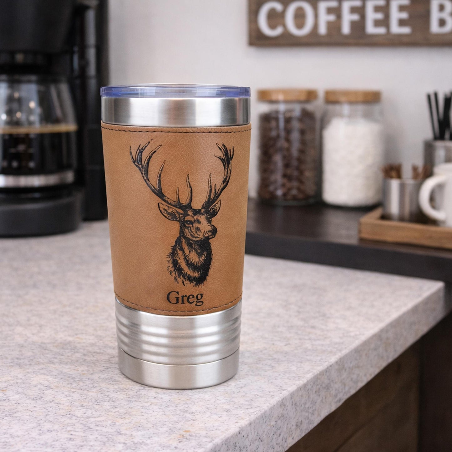 Personalized elk hunting tumbler, engraved elk hunting gift, mountain woodlands, Polar Camel, faux leather travel mug, outdoors coffee mug