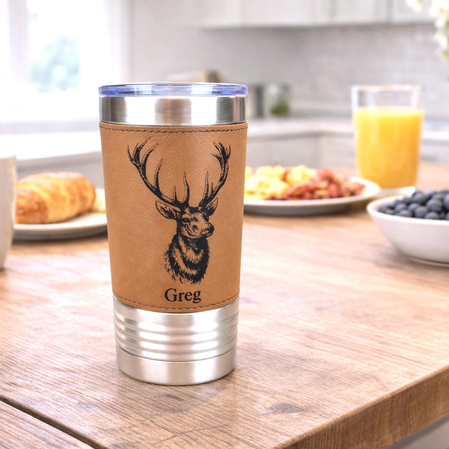 Personalized elk hunting tumbler, engraved elk hunting gift, mountain woodlands, Polar Camel, faux leather travel mug, outdoors coffee mug