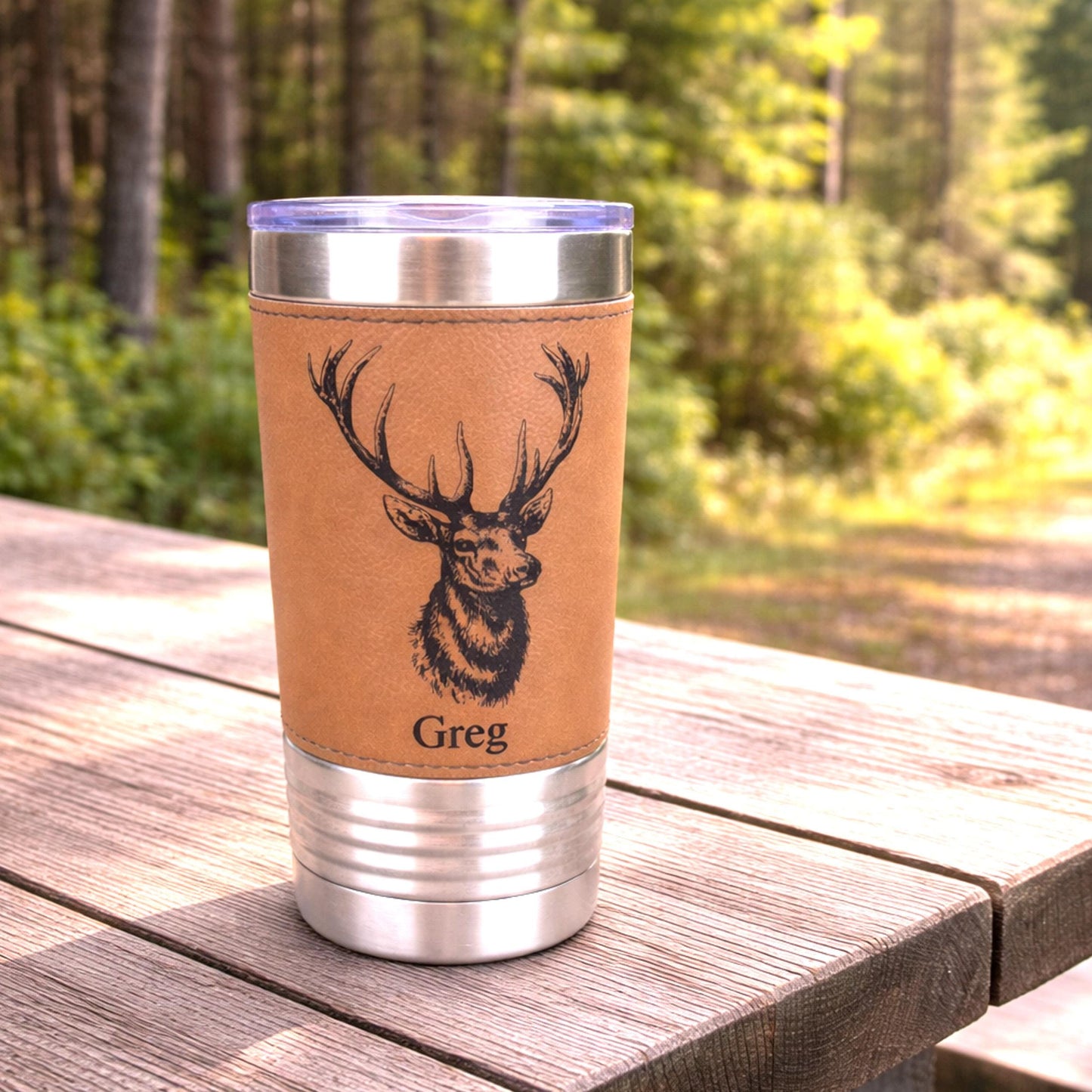 Personalized elk hunting tumbler, engraved elk hunting gift, mountain woodlands, Polar Camel, faux leather travel mug, outdoors coffee mug