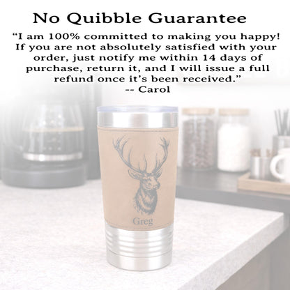 Personalized elk hunting tumbler, engraved elk hunting gift, mountain woodlands, Polar Camel, faux leather travel mug, outdoors coffee mug