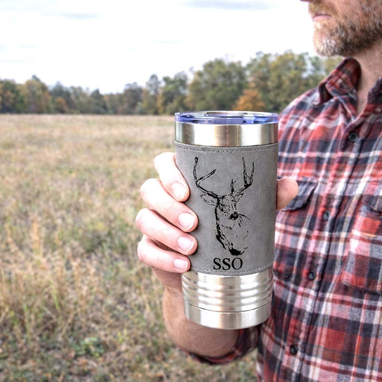 Personalized deer hunting tumbler, engraved deer hunting gift, mountain forest, Polar Camel, leatherette, outdoors coffee mug - 1 Tumbler