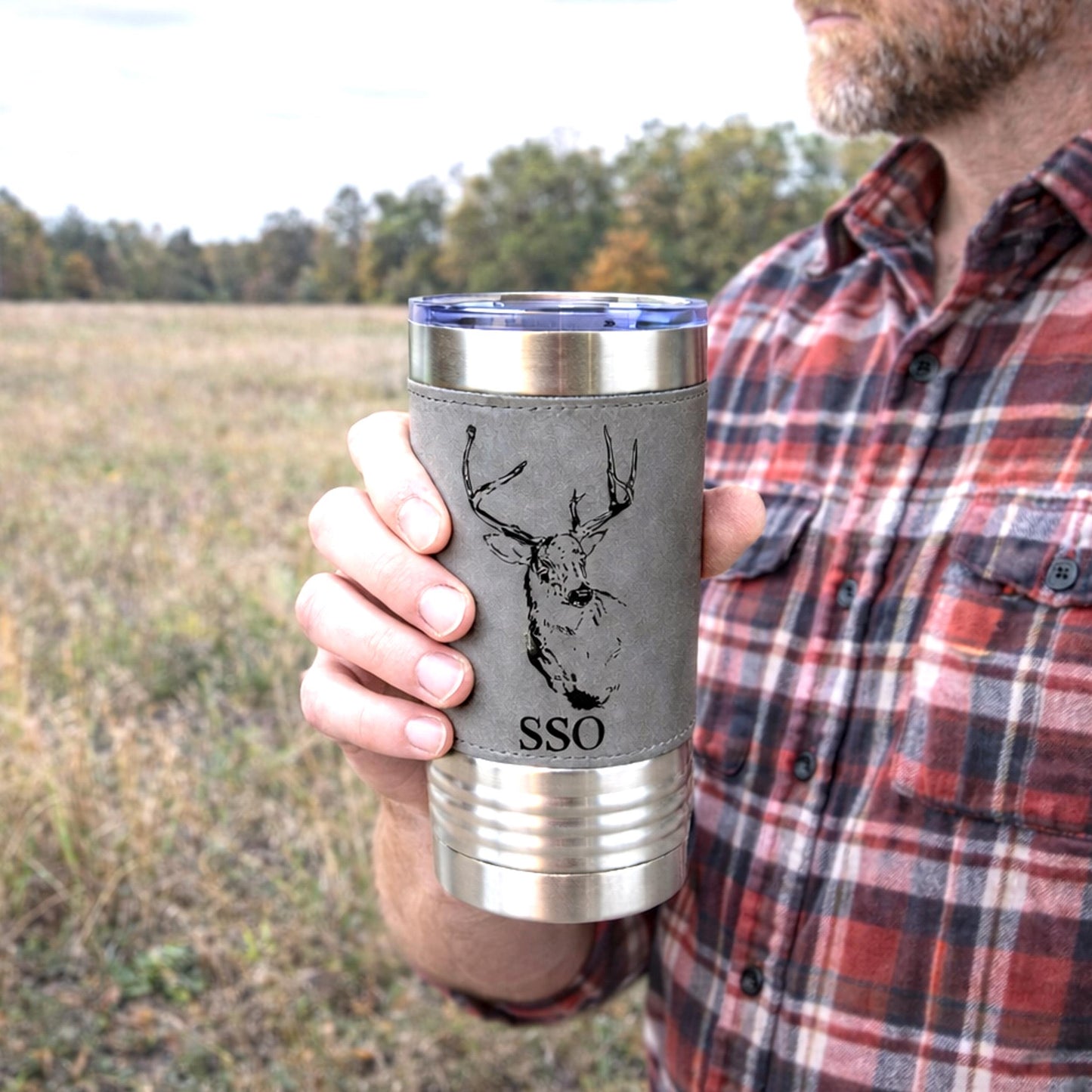 Personalized deer hunting tumbler, engraved deer hunting gift, mountain forest, Polar Camel, leatherette, outdoors coffee mug - 1 Tumbler