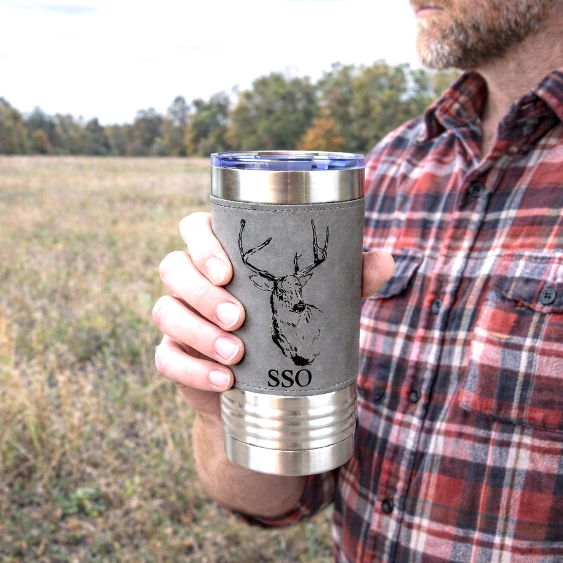 Personalized deer hunting tumbler, engraved deer hunting gift, mountain forest, Polar Camel, leatherette, outdoors coffee mug - 1 Tumbler