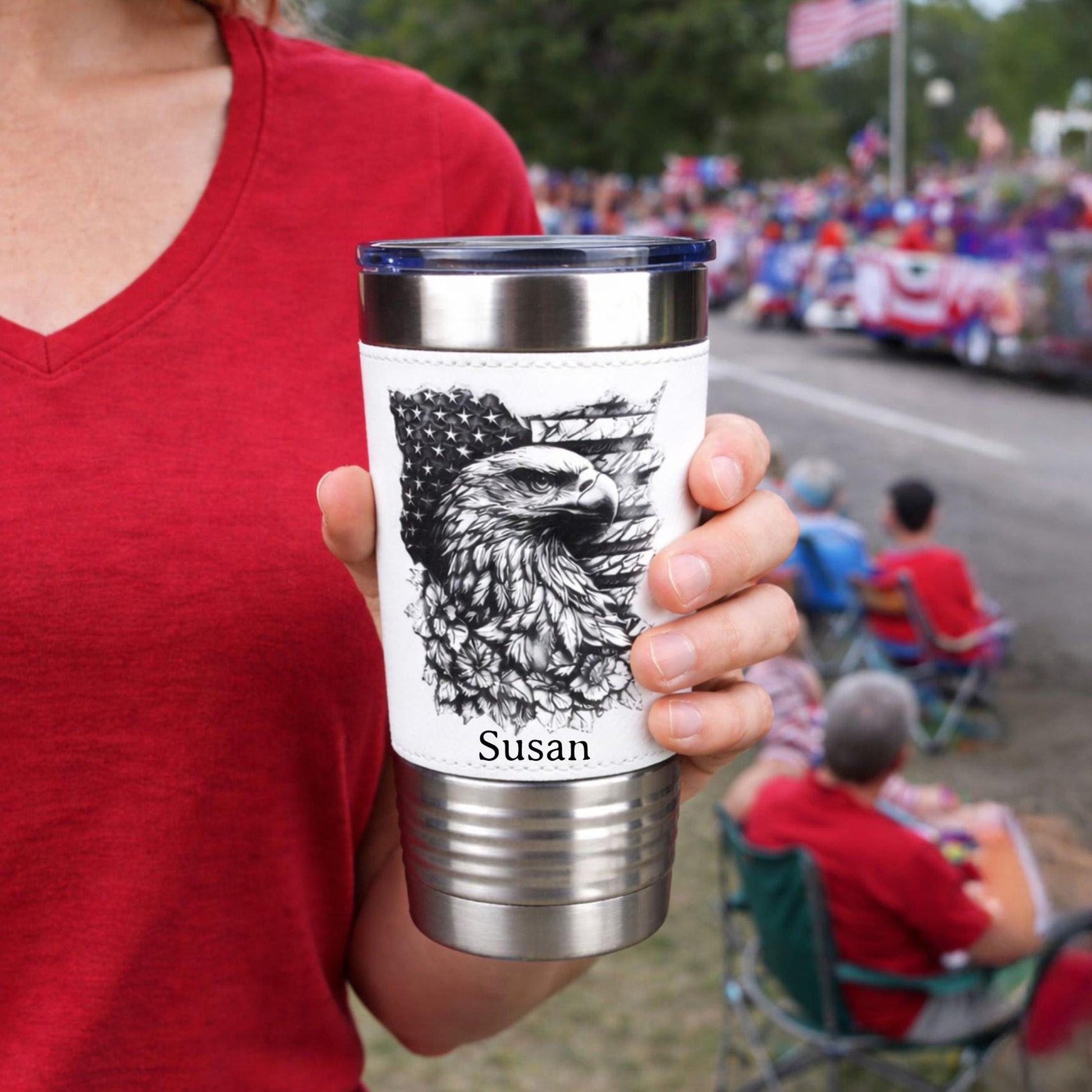 Patriotic Eagle & Flag Travel Tumbler – Personalized Name, Leather wrapped travel mug, Insulated Coffee Mug, Perfect Father's Day Gift