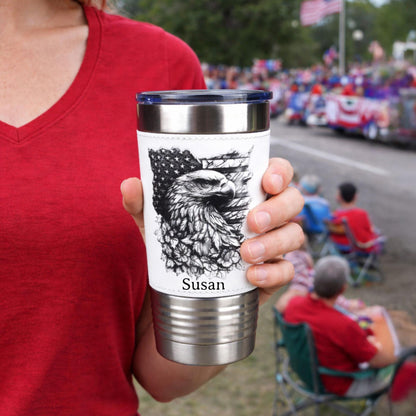 Patriotic Eagle & Flag Travel Tumbler – Personalized Name, Leather wrapped travel mug, Insulated Coffee Mug, Perfect Father's Day Gift