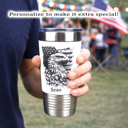 Patriotic Eagle & Flag Travel Tumbler – Personalized Name, Leather wrapped travel mug, Insulated Coffee Mug, Perfect Father's Day Gift