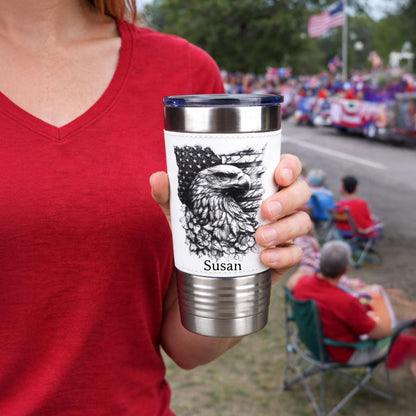 Patriotic Eagle & Flag Travel Tumbler – Personalized Name, Leather wrapped travel mug, Insulated Coffee Mug, Perfect Father's Day Gift