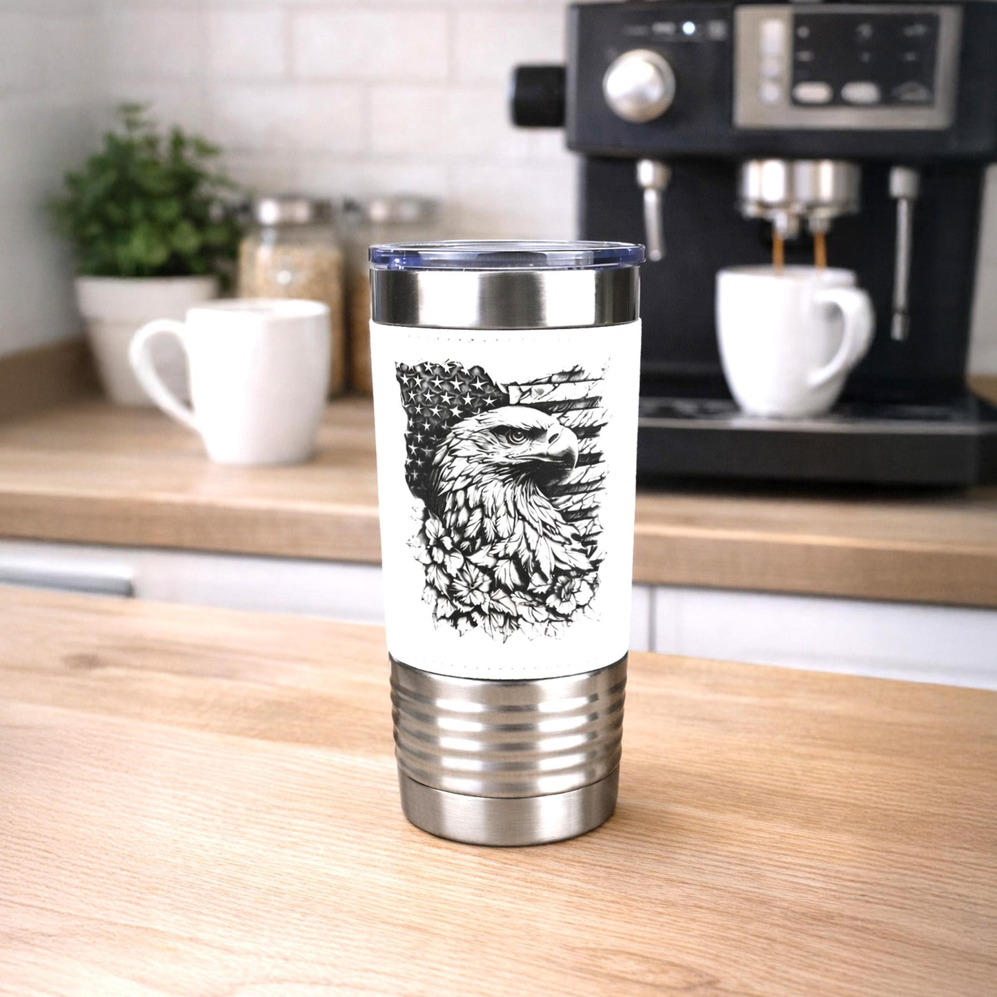 Patriotic Eagle & Flag Travel Tumbler – Personalized Name, Leather wrapped travel mug, Insulated Coffee Mug, Perfect Father's Day Gift