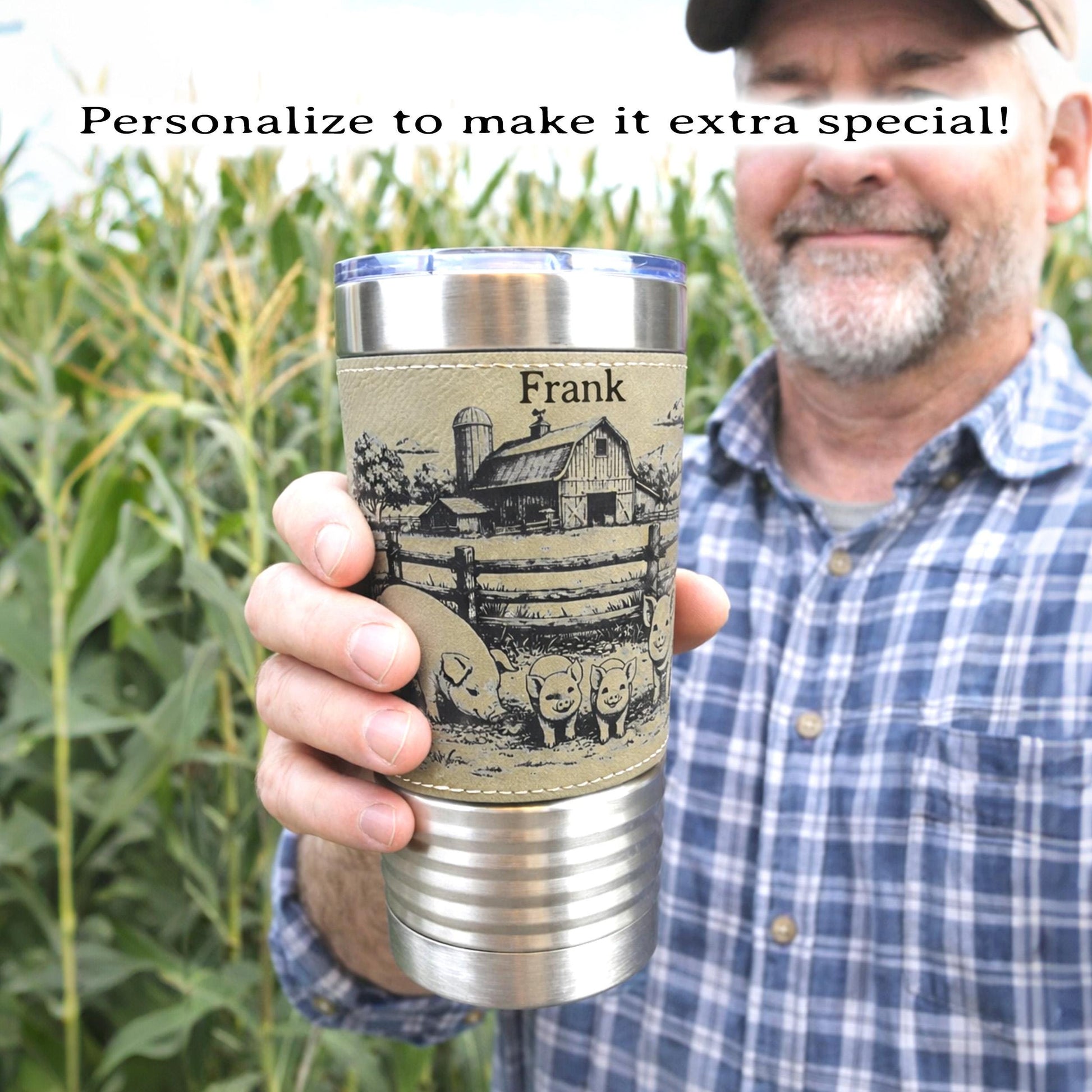 Pig Farm Engraved 20 oz Travel Tumbler – Personalized Leatherette Wrap, Custom Name, Leatherette Wrap, Perfect Pig Lovers Gift