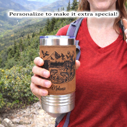 20 ounce Wildlife Lake Engraved Travel Tumbler – Bear, Deer, Duck & Fish Scene, Personalized Leatherette Wrapped Coffee Mug