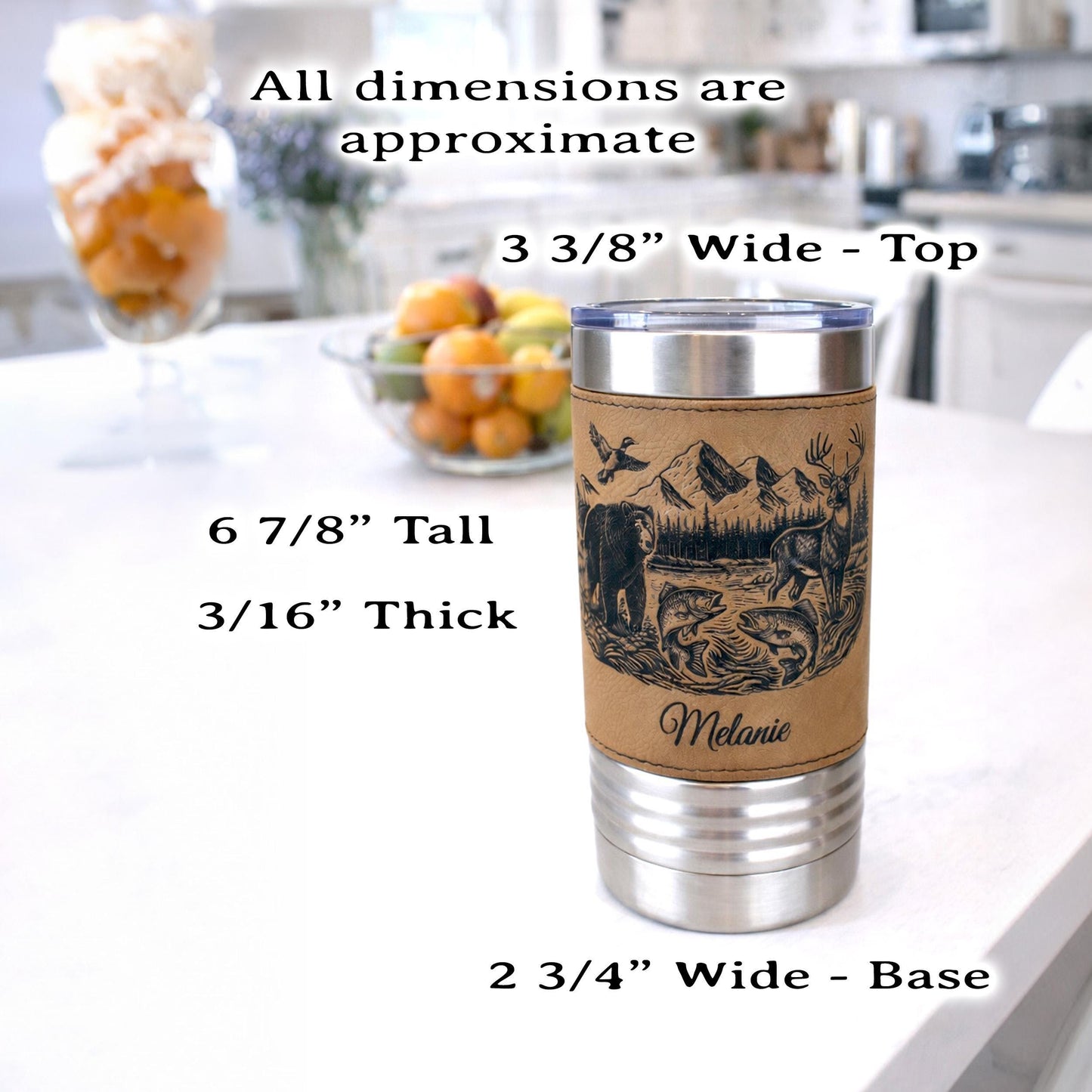 20 ounce Wildlife Lake Engraved Travel Tumbler – Bear, Deer, Duck & Fish Scene, Personalized Leatherette Wrapped Coffee Mug