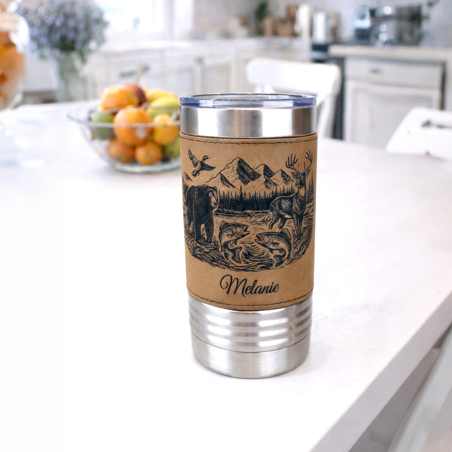 20 ounce Wildlife Lake Engraved Travel Tumbler – Bear, Deer, Duck & Fish Scene, Personalized Leatherette Wrapped Coffee Mug