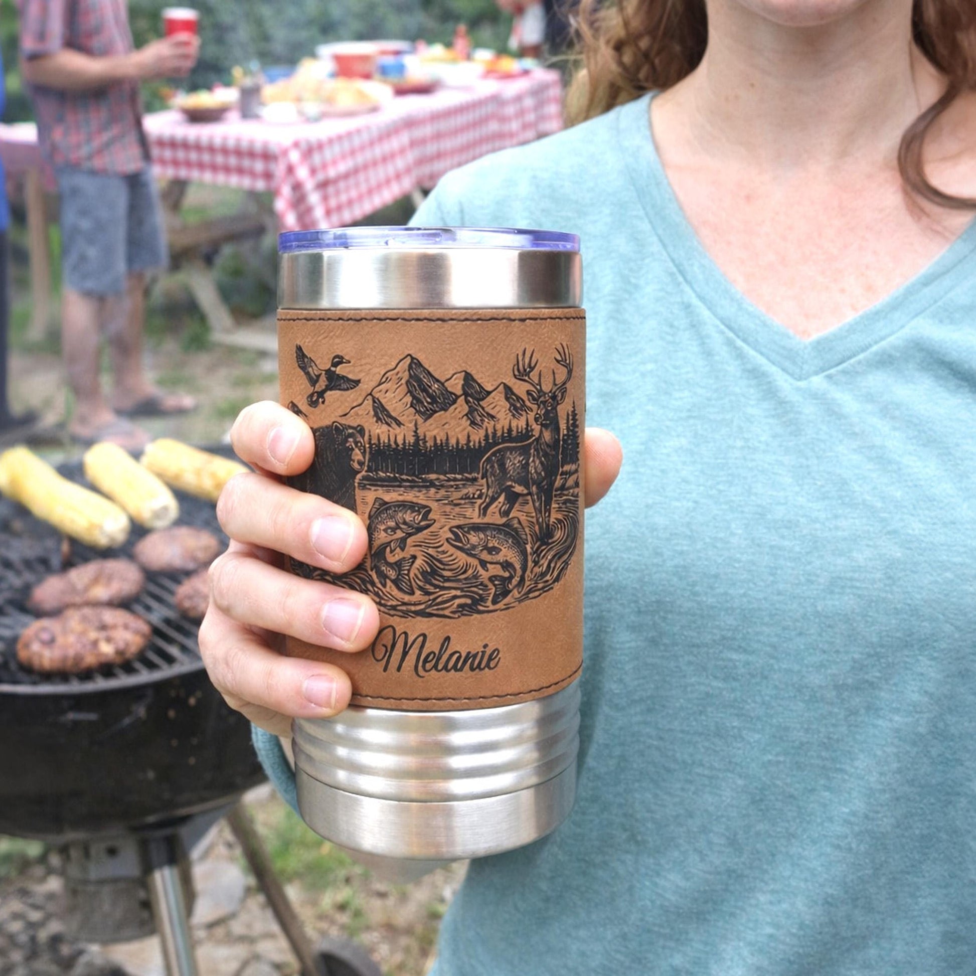 20 ounce Wildlife Lake Engraved Travel Tumbler – Bear, Deer, Duck & Fish Scene, Personalized Leatherette Wrapped Coffee Mug