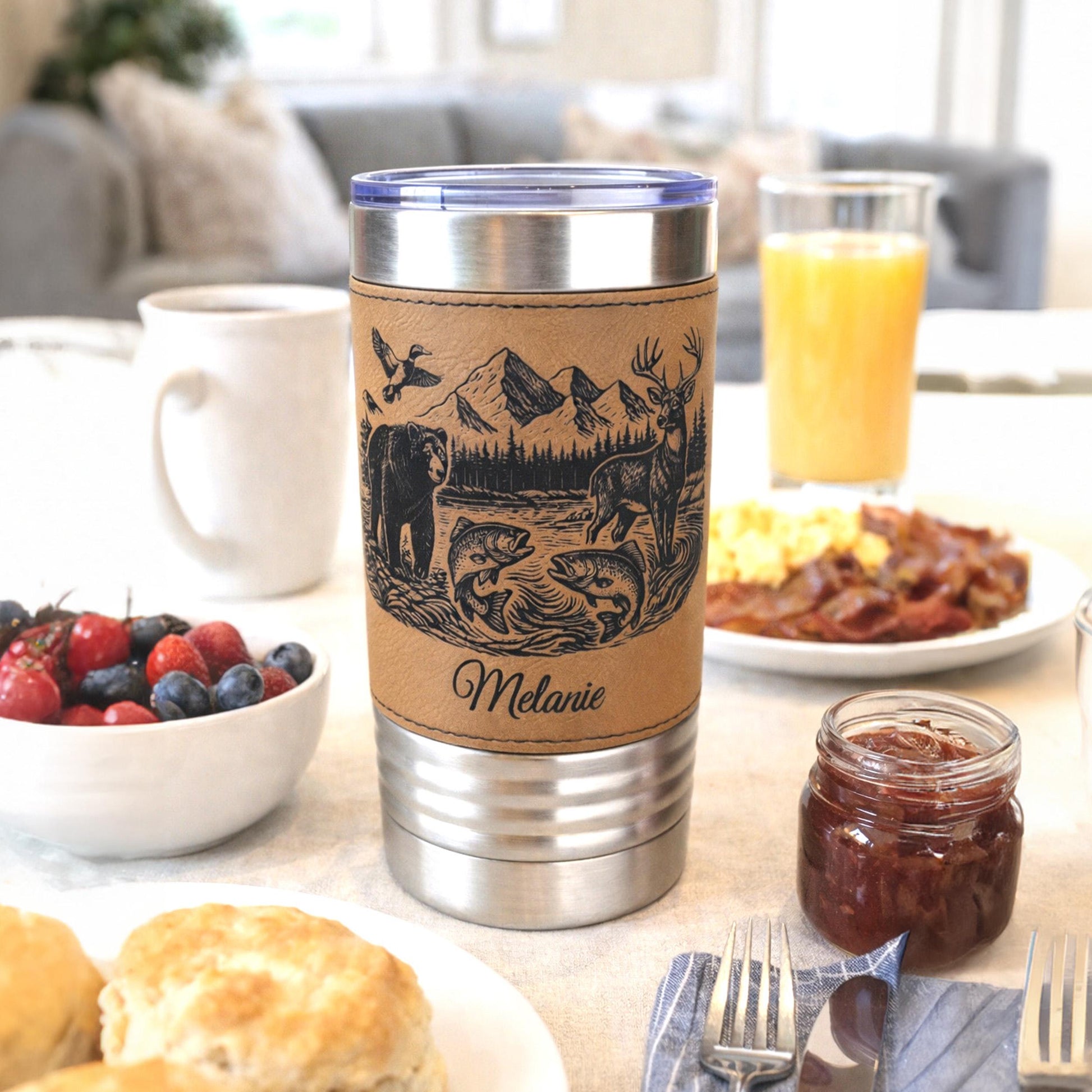 20 ounce Wildlife Lake Engraved Travel Tumbler – Bear, Deer, Duck & Fish Scene, Personalized Leatherette Wrapped Coffee Mug