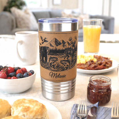 20 ounce Wildlife Lake Engraved Travel Tumbler – Bear, Deer, Duck & Fish Scene, Personalized Leatherette Wrapped Coffee Mug